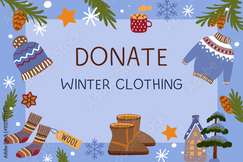Winter warm clothing donation.Charity, social care and help concept.Flat vector illustration