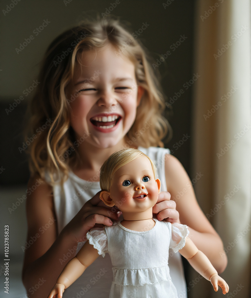 A young girl laughs as she manipulates the porcelain face of her doll._00002_ A young girl laughs as she manipulates the porcelain face of her doll._00002_