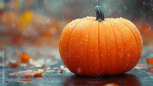 A single orange pumpkin sits on a wet surface with raindrops falling on it.