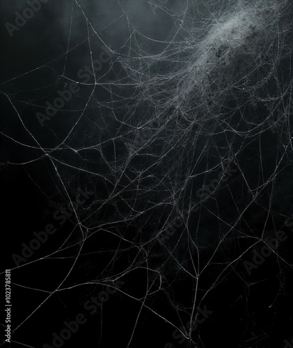 A black backdrop set against an eerie tapestry of sprawling, ghostly spider webs._00002_