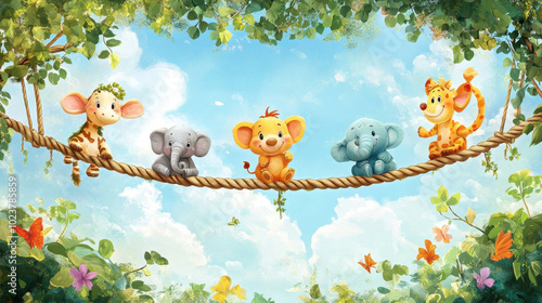 A whimsical gathering of joyful forest animals on a rope bridge against a vibrant blue sky photo