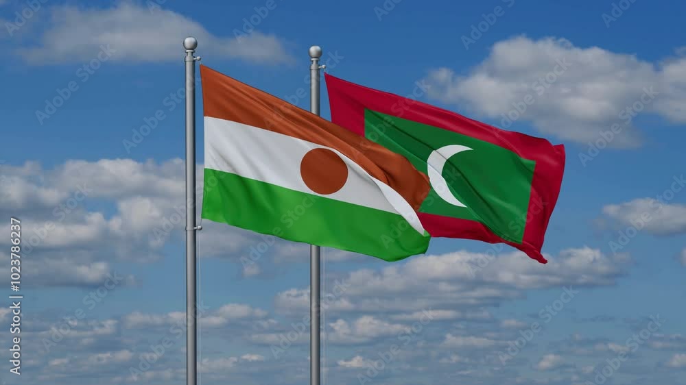Maldives and Niger flags flying together, video concept of the relationship, two country relations concept Maldives and Niger flags flying together, video concept of the relationship, two country relations concept