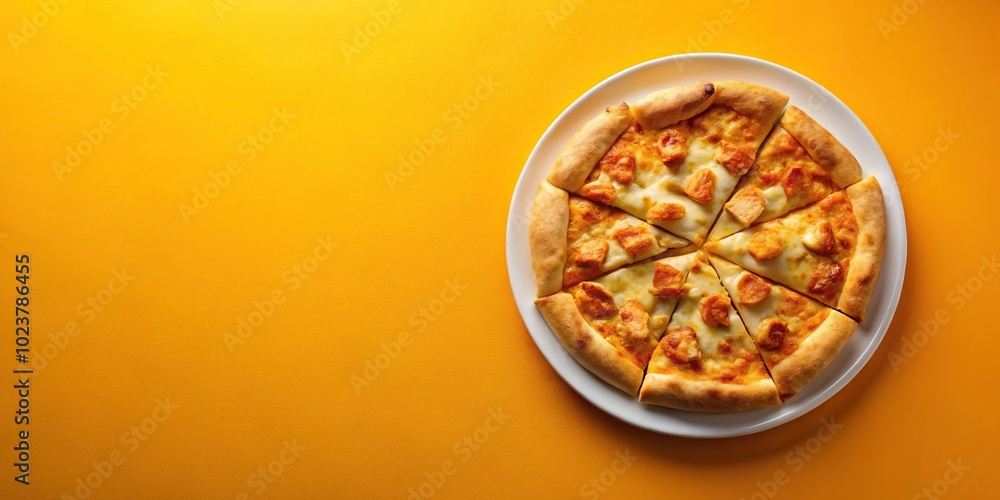Minimalist chicken and cheese pizza on plate over solid color background Minimalist chicken and cheese pizza on plate over solid color background