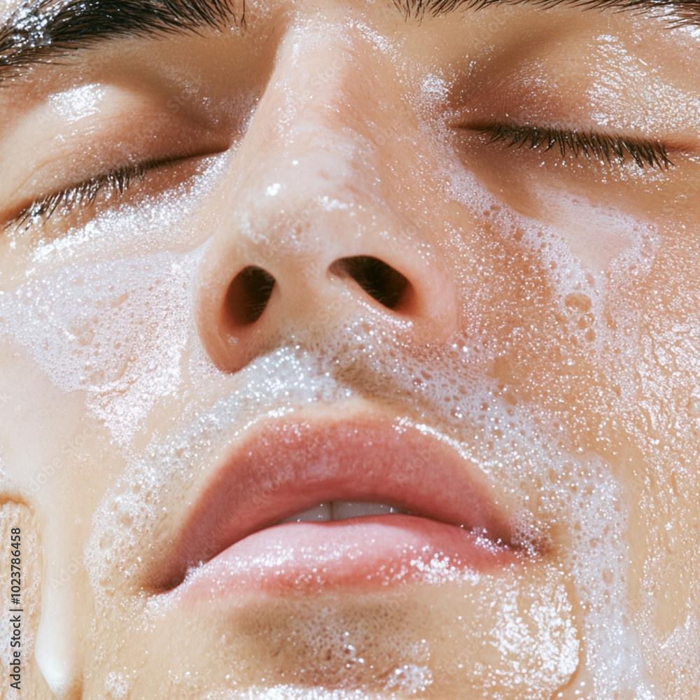 Fototapeta premium Man with Facial Cleanser Foamy Bubbly Cream Face Wash Cleanser Skincare Swatch HD Skin Beauty Clean Clear Refreshing Beauty Cosmetics