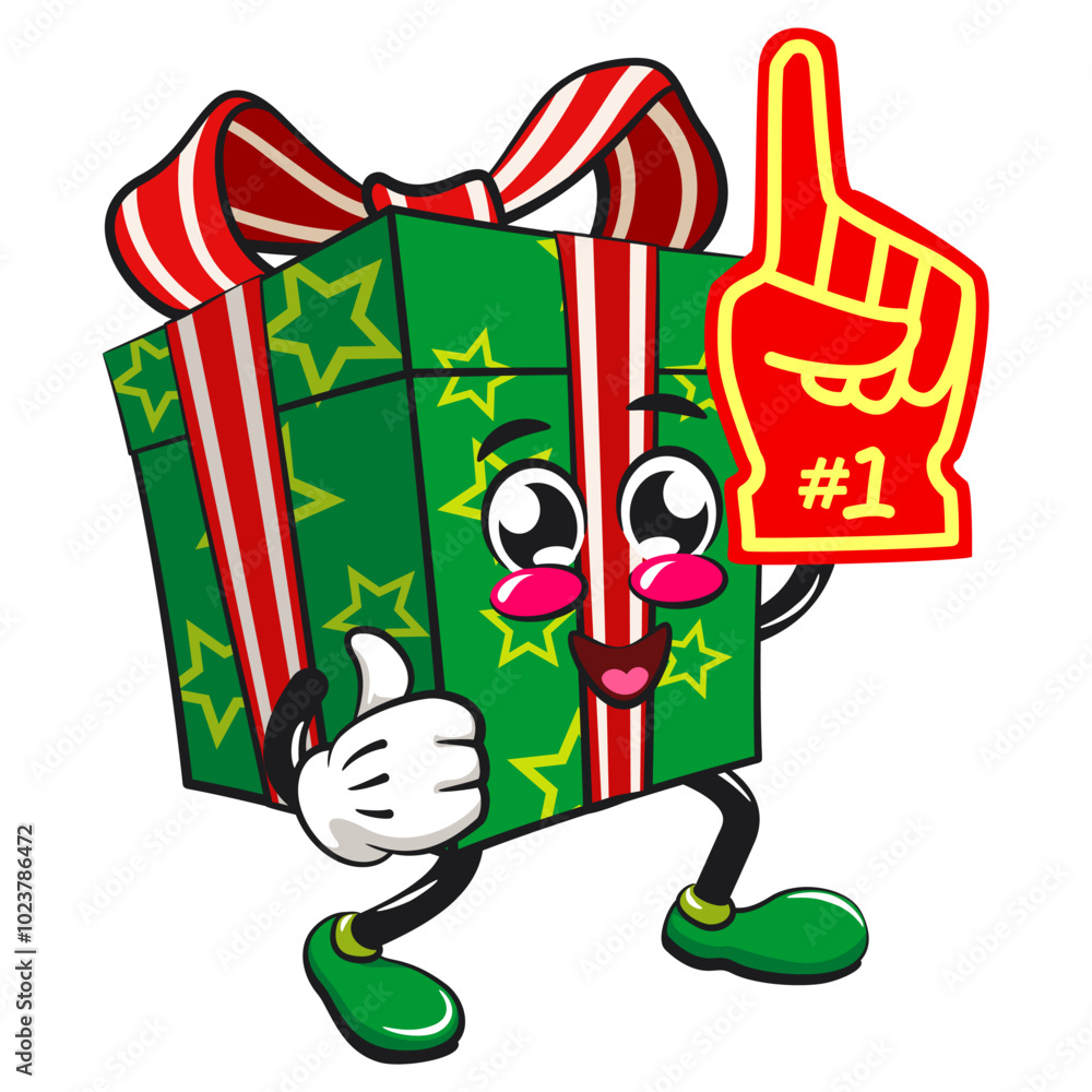 green gift box cartoon character and stars pattern with a red ribbon isolated vector illustration raise foam finger, the concept of birthday, Christmas, new year, work of hand drawn green gift box cartoon character and stars pattern with a red ribbon isolated vector illustration raise foam finger, the concept of birthday, Christmas, new year, work of hand drawn