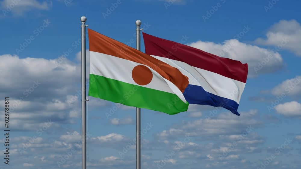 Netherlands and Niger flags flying together, video concept of the relationship, two country relations concept Netherlands and Niger flags flying together, video concept of the relationship, two country relations concept