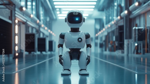 Futuristic Robot Walking in Corridor