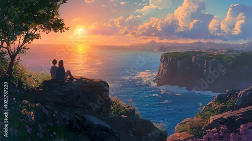 Wallpaper Mural A couple sitting on the edge of an ocean cliff, watching as the sun sets over the horizon Torontodigital.ca