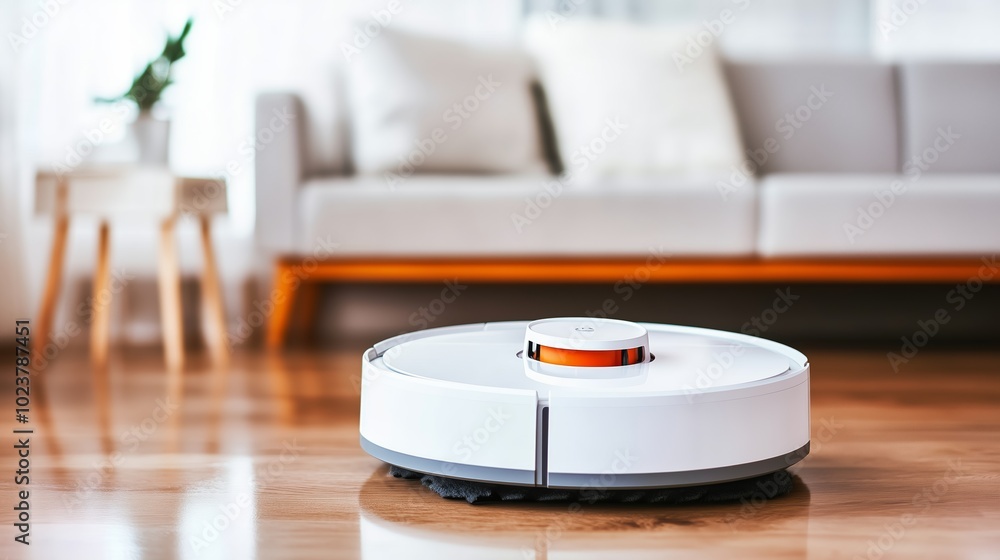 Robot vacuum navigating through a minimalist living room, reflecting the future of smart cleaning, Smart cleaning devices, Modern living technology Robot vacuum navigating through a minimalist living room, reflecting the future of smart cleaning, Smart cleaning devices, Modern living technology