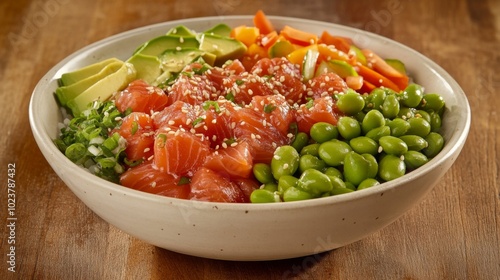 Fresh Poke Bowl with Salmon and Vegetables