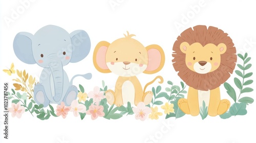 A watercolor drawing of a cute baby jungle animal on a white background. Pastel Drawing. Illustration.