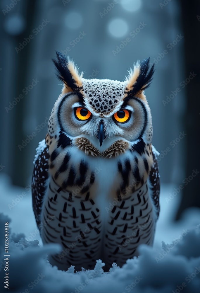 A striking close-up of an owl in a snowy forest, showcasing its vivid orange eyes and detailed feathers, perfect for wildlife publications or nature-themed projects. A striking close-up of an owl in a snowy forest, showcasing its vivid orange eyes and detailed feathers, perfect for wildlife publications or nature-themed projects.