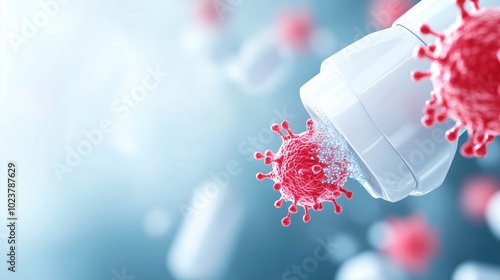 A futuristic concept of nanobots cleaning microscopic bacteria from surfaces, Nanobot cleaning, Advanced cleaning technology