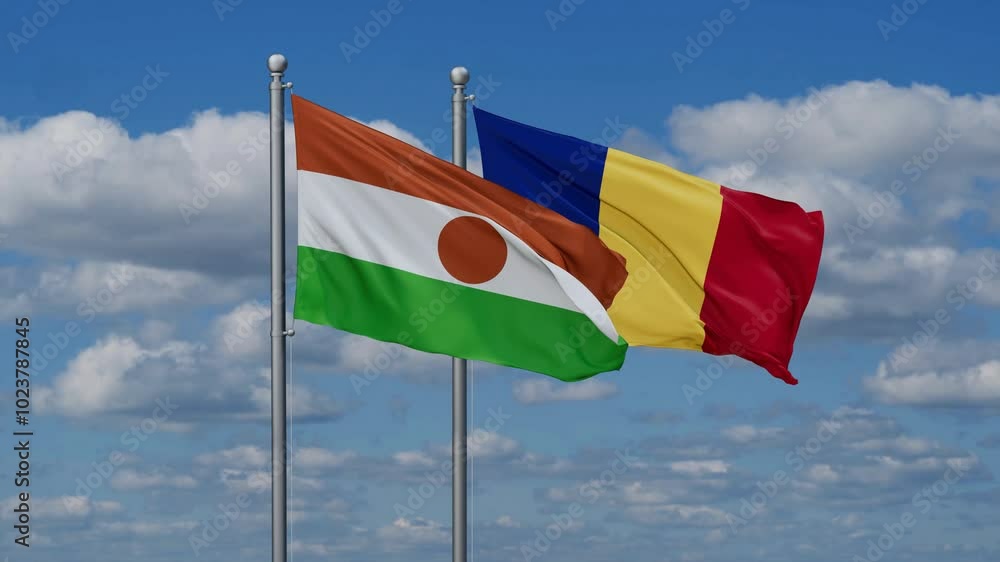 Romania and Niger flags flying together, video concept of the relationship, two country cooperation concept Romania and Niger flags flying together, video concept of the relationship, two country cooperation concept