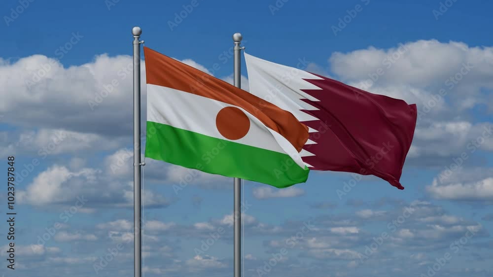 Qatar and Niger flags flying together, video concept of the relationship, two country cooperation concept Qatar and Niger flags flying together, video concept of the relationship, two country cooperation concept