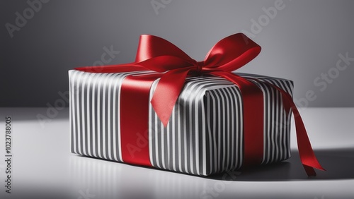 Wrapped gift box with red ribbon and modern geometric wrapping paper on a flat surface.