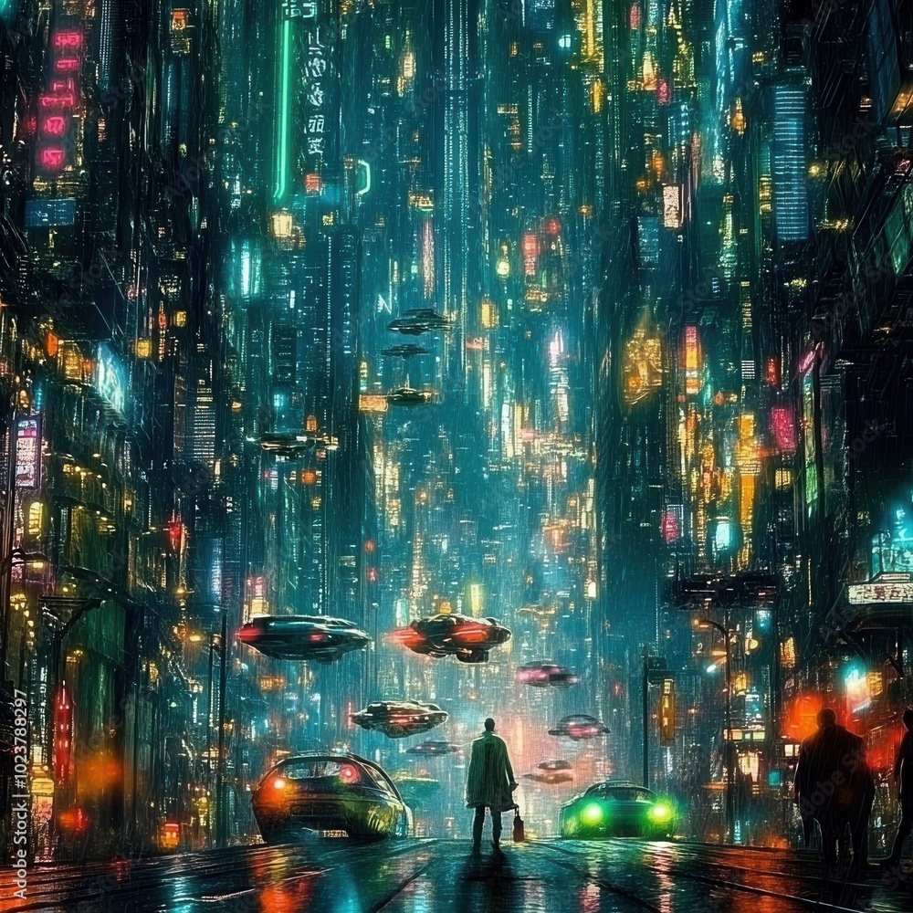 Naklejka premium Neon Drenched Futuristic Skyline with Hovering Vehicles and Illuminated Skyscrapers