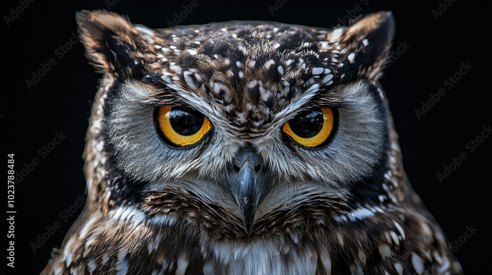 A close-up of an owl face and sharp beak on a black background, creating a dramatic and focused shot. A close-up of an owl face and sharp beak on a black background, creating a dramatic and focused shot.