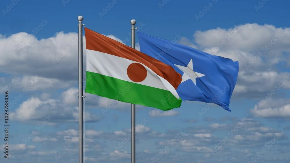 Somalia and Niger flags flying together, video concept of the relationship, two country cooperation concept Somalia and Niger flags flying together, video concept of the relationship, two country cooperation concept