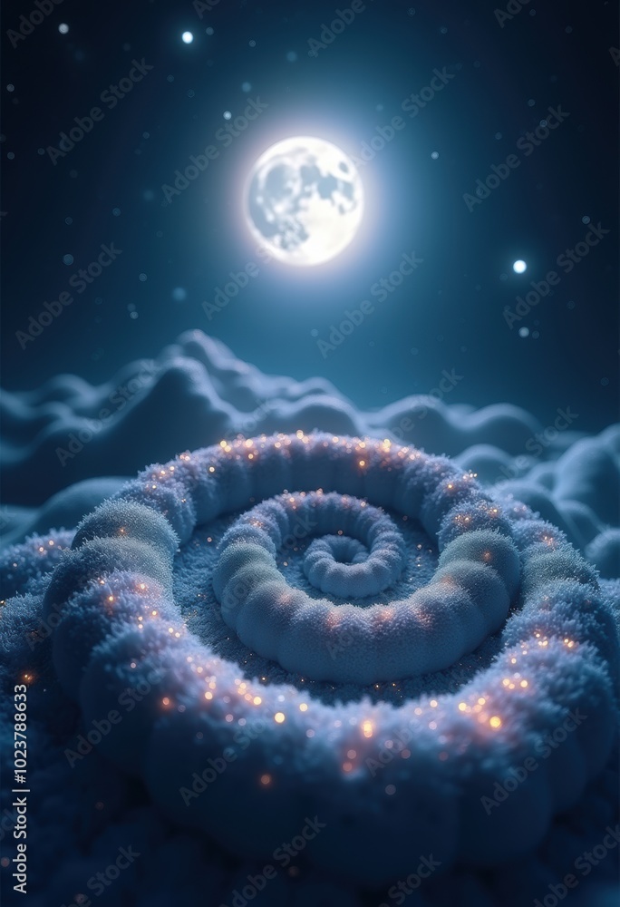 A mesmerizing spiral landscape illuminated by a glowing moon, evoking a dreamlike, serene atmosphere perfect for mystical themes and creative projects. A mesmerizing spiral landscape illuminated by a glowing moon, evoking a dreamlike, serene atmosphere perfect for mystical themes and creative projects.