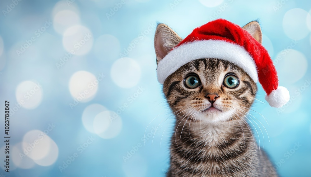 Adorable Tabby Kitten in a Santa Hat Festive Holiday Portrait on a Sparkling Blue Background Adorable Tabby Kitten in a Santa Hat Festive Holiday Portrait on a Sparkling Blue Background