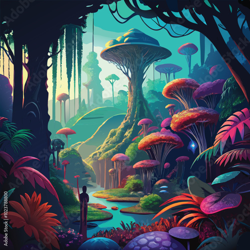 Science fiction illustration with Futuristic Cityscape, Alien Marketplace, Robot Uprising, Artificial Planet