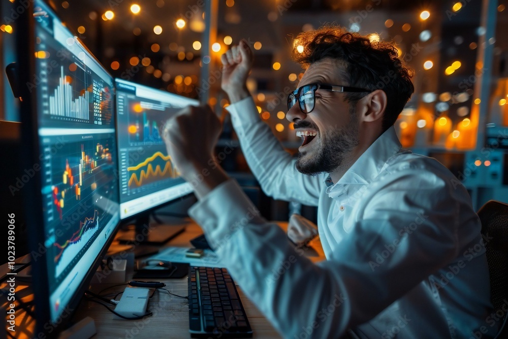 - A high angle shot of an excited young businessman working on his computer, raising his hands in joy with a chart showing success in the background. - A high angle shot of an excited young businessman working on his computer, raising his hands in joy with a chart showing success in the background.