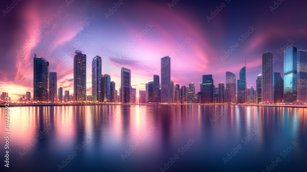 Fototapeta premium City Skyline at Dusk with Colorful Reflections
