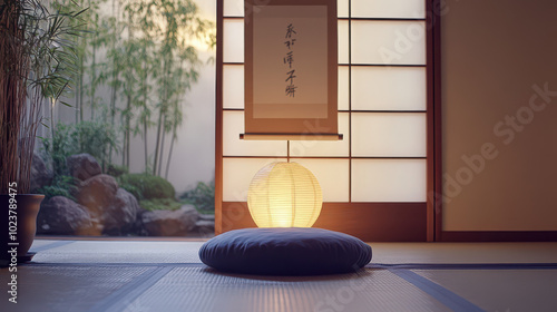 Traditional Japanese Minimalism: Zabuton Cushions, Shoji Screens, and Zen Garden in a Harmonious Interior Setting. High-Quality Photography of Timeless Elements. photo