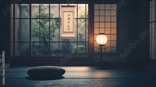 Traditional Japanese Minimalism: Zabuton Cushions, Shoji Screens, and Zen Garden in a Harmonious Interior Setting. High-Quality Photography of Timeless Elements. photo