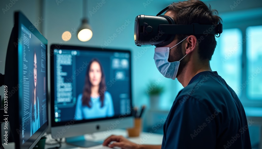 Young Man Engaging with Virtual Reality while Wearing Face Mask, Ideal for Technology and Health-related Concepts Young Man Engaging with Virtual Reality while Wearing Face Mask, Ideal for Technology and Health-related Concepts