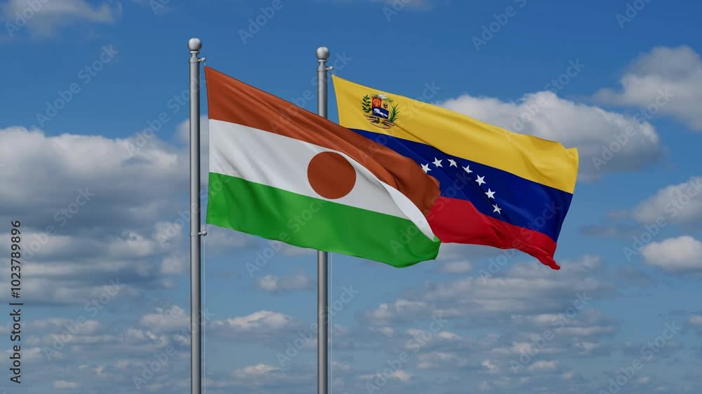 Venezuela and Niger flags flying together, video concept of the relationship Venezuela and Niger flags flying together, video concept of the relationship