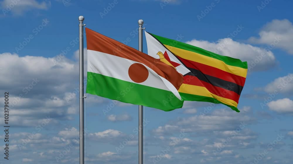Zimbabwe and Niger flags flying together, video concept of the relationship, two country cooperation concept Zimbabwe and Niger flags flying together, video concept of the relationship, two country cooperation concept