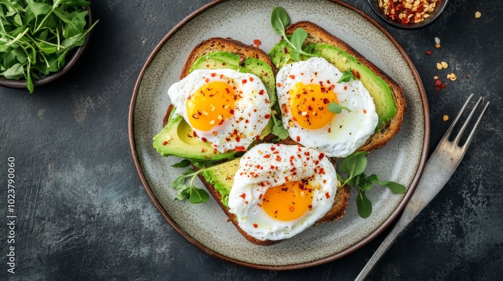 Breakfast with Avocado Toast and Poached Eggs Breakfast with Avocado Toast and Poached Eggs