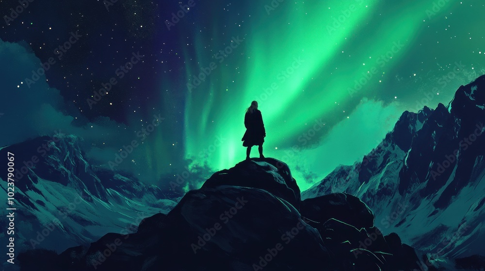 A lone figure stands on a mountain peak, silhouetted against the breathtaking spectacle of the aurora borealis, a vibrant display of green and blue lights dancing across the night sky. A lone figure stands on a mountain peak, silhouetted against the breathtaking spectacle of the aurora borealis, a vibrant display of green and blue lights dancing across the night sky.