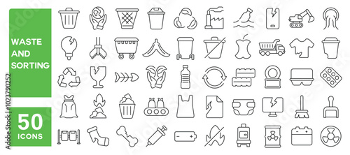 Set of 50 line icons related to waste and sorting, recycling, trash, management, plastic, garbage, dump, landfill, Editable stroke. Vector illustration