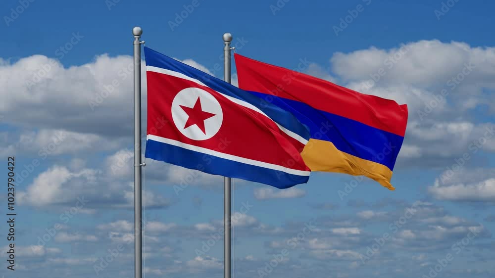 Armenia and North Korea flags flying together, video concept of the relationship, two country cooperation concept Armenia and North Korea flags flying together, video concept of the relationship, two country cooperation concept