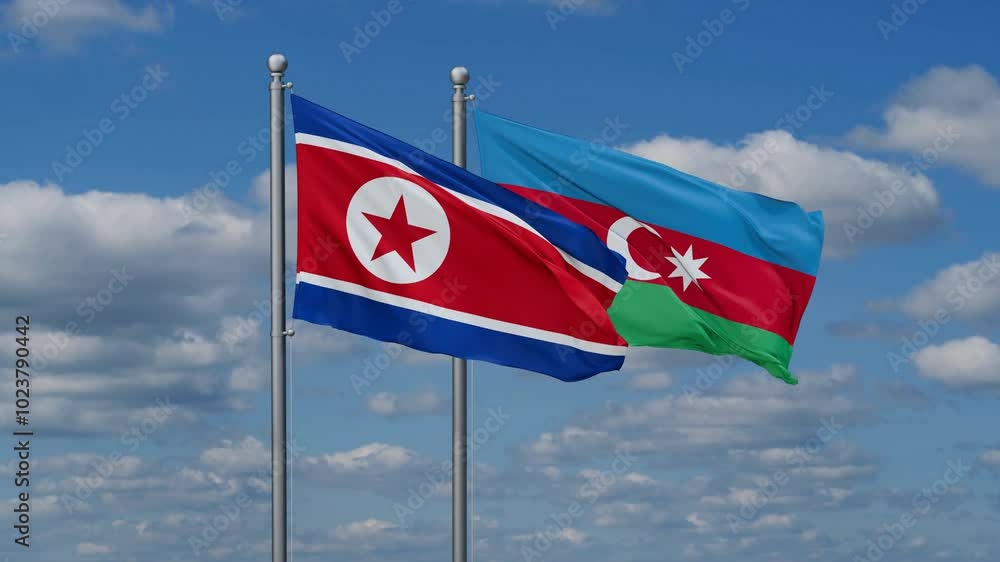 Azerbaijan and North Korea flags flying together, video concept of the relationship, two country cooperation concept Azerbaijan and North Korea flags flying together, video concept of the relationship, two country cooperation concept