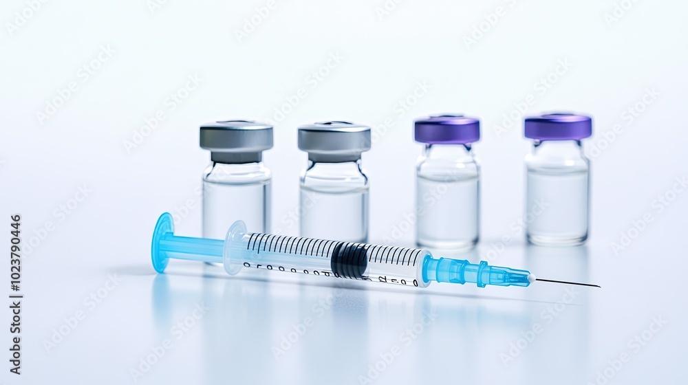 A syringe filled with clear liquid alongside sealed vials, set against a clean white background, symbolizing healthcare. A syringe filled with clear liquid alongside sealed vials, set against a clean white background, symbolizing healthcare.