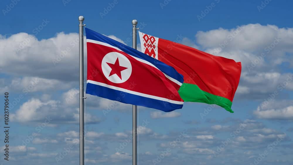Belarus and North Korea flags flying together, video concept of the relationship, two country cooperation concept Belarus and North Korea flags flying together, video concept of the relationship, two country cooperation concept