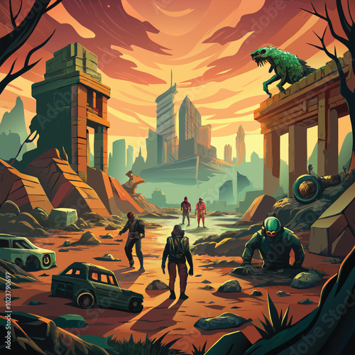 Science fiction illustration with Futuristic Cityscape, Alien Marketplace, Robot Uprising, Artificial Planet