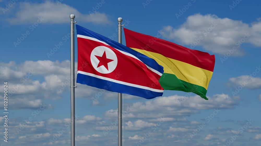 Bolivia and North Korea flags flying together, video concept of the relationship, two country relations concept Bolivia and North Korea flags flying together, video concept of the relationship, two country relations concept