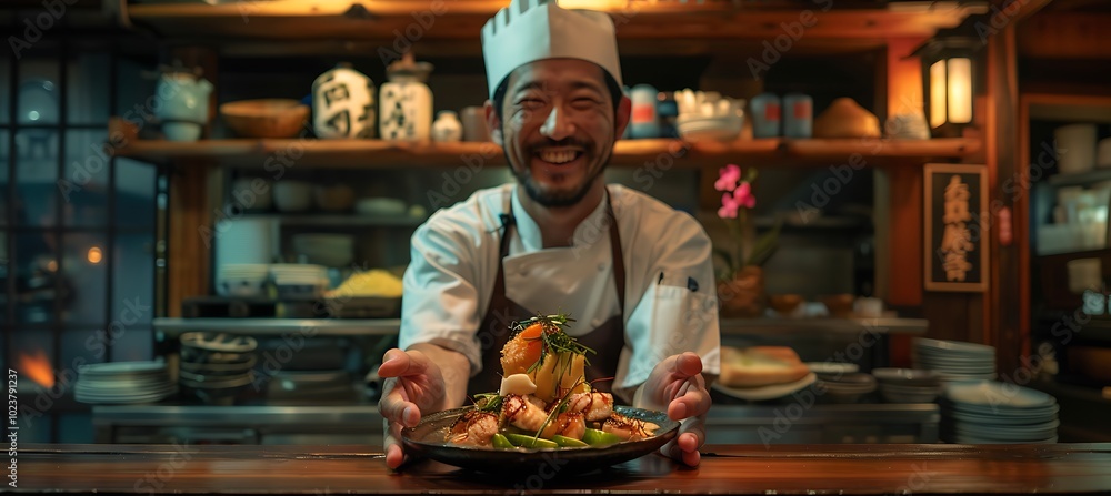 A cheerful chef is expertly preparing a flavorful dish, showcasing culinary skills with a bright smile and a passion for cooking. A cheerful chef is expertly preparing a flavorful dish, showcasing culinary skills with a bright smile and a passion for cooking.