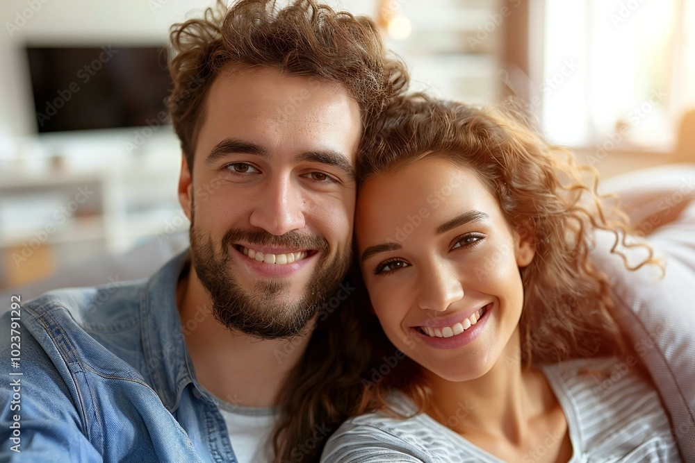 close-up shot of a happy young couple sitting on a couch in their living room, watching TV together. close-up shot of a happy young couple sitting on a couch in their living room, watching TV together.