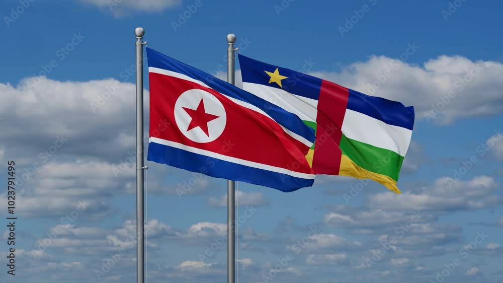 Central African Republic and North Korea flags flying together, video concept of the relationship, two country relations concept Central African Republic and North Korea flags flying together, video concept of the relationship, two country relations concept