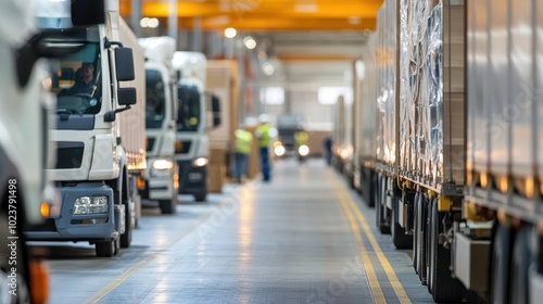 Trucks are parked in a warehouse while workers manage logistics operations efficiently