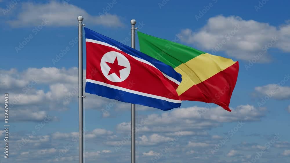 Republic of the Congo and North Korea flags flying together, video concept of the relationship, two country relations concept Republic of the Congo and North Korea flags flying together, video concept of the relationship, two country relations concept