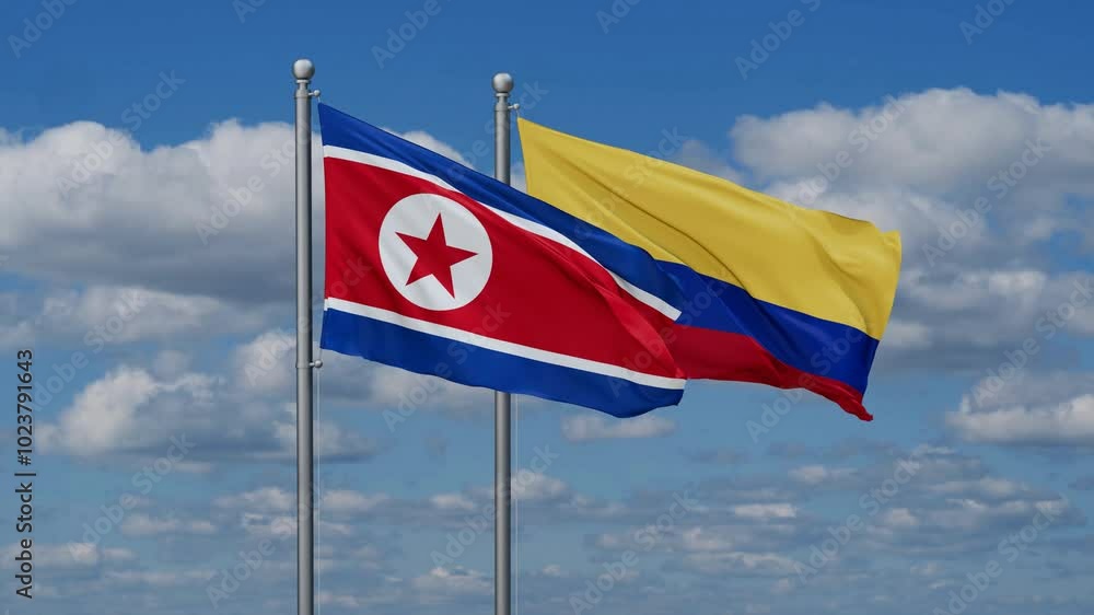 Colombia and North Korea flags flying together, video concept of the relationship, two country cooperation concept Colombia and North Korea flags flying together, video concept of the relationship, two country cooperation concept