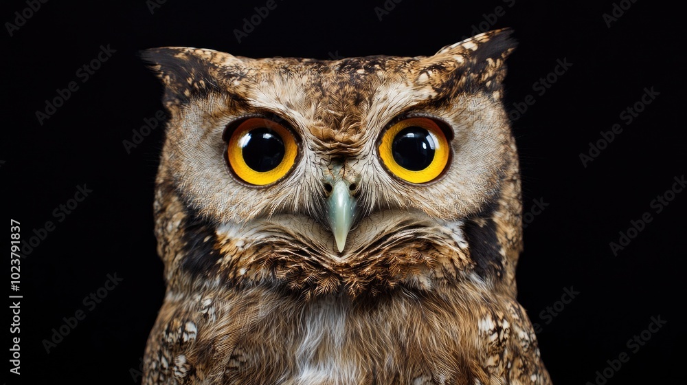 Fototapeta premium Detailed close-up of an owl's face, set against a deep black background, capturing its sharp, curious expression.