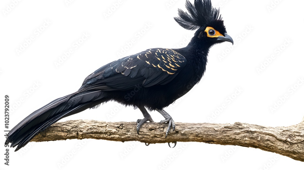 Obraz premium Northern Helmeted Curassow Perched on a Branch on a White Background, Realistic Photo, Standard Background, Wallpaper, Cover and Screen of Smartphone, PC, Laptop, 9:16 and 16:9 Format